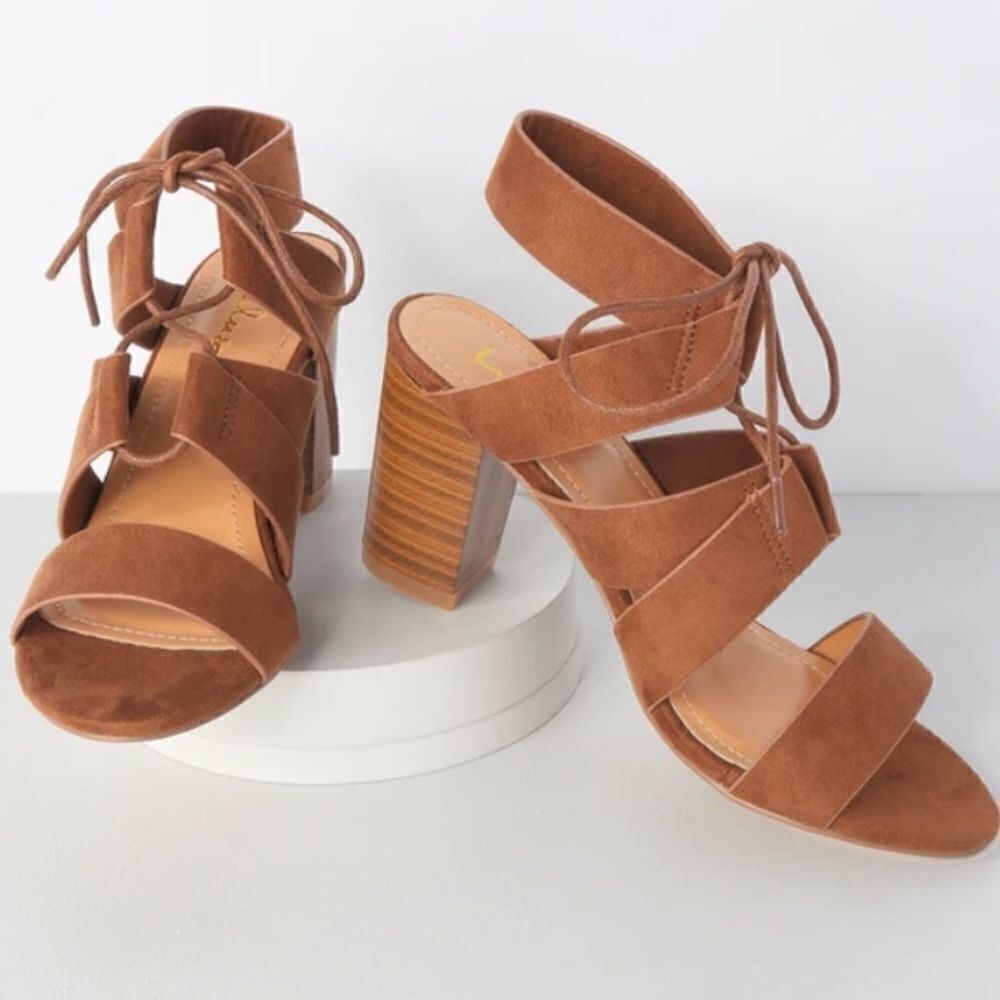 Lulus Jelena Camel Suede Lace-Up Heels in Size 8